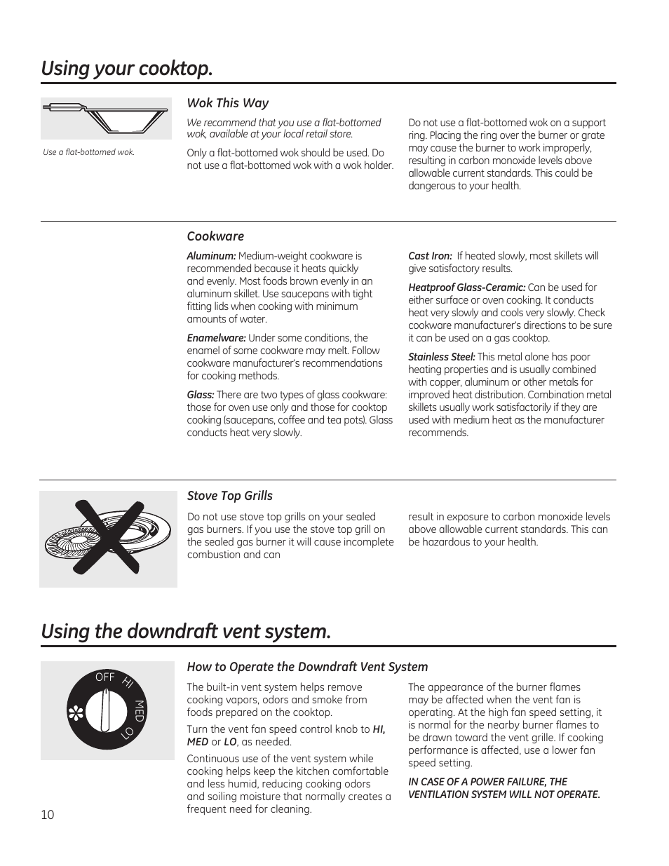 Using your cooktop, Using the downdraft vent system | GE PGP989SNSS User Manual | Page 10 / 72
