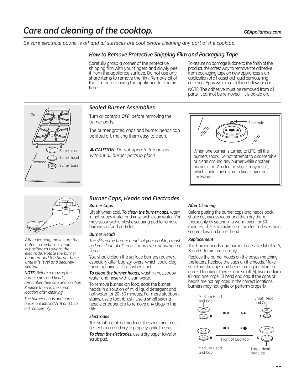 Care and cleaning of the cooktop | GE PGP989SNSS User Manual | Page 11 / 72