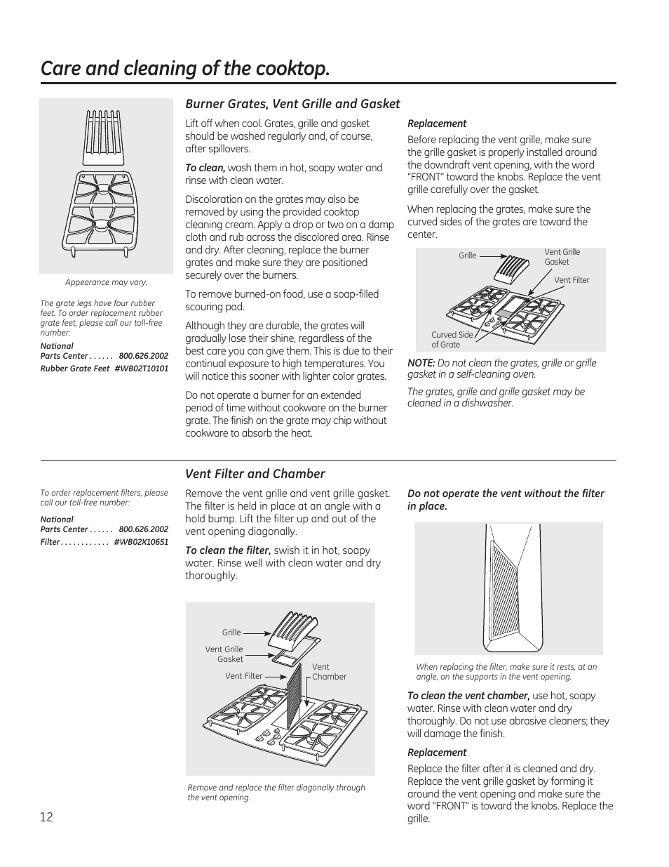 Care and cleaning of the cooktop, Vent filter and chamber, 12 burner grates, vent grille and gasket | GE PGP989SNSS User Manual | Page 12 / 72