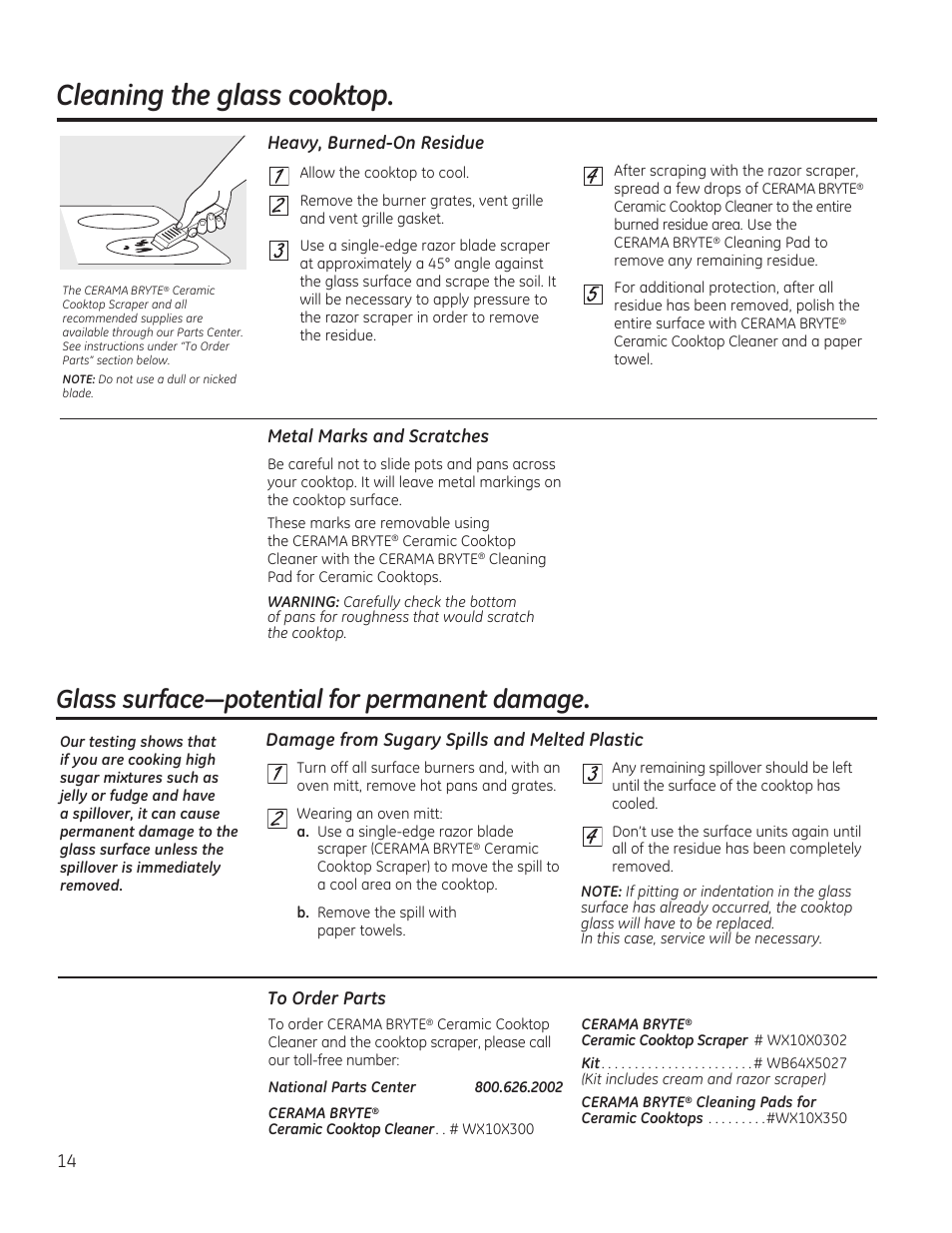 Cleaning the glass cooktop, Glass surface—potential for permanent damage | GE PGP989SNSS User Manual | Page 14 / 72