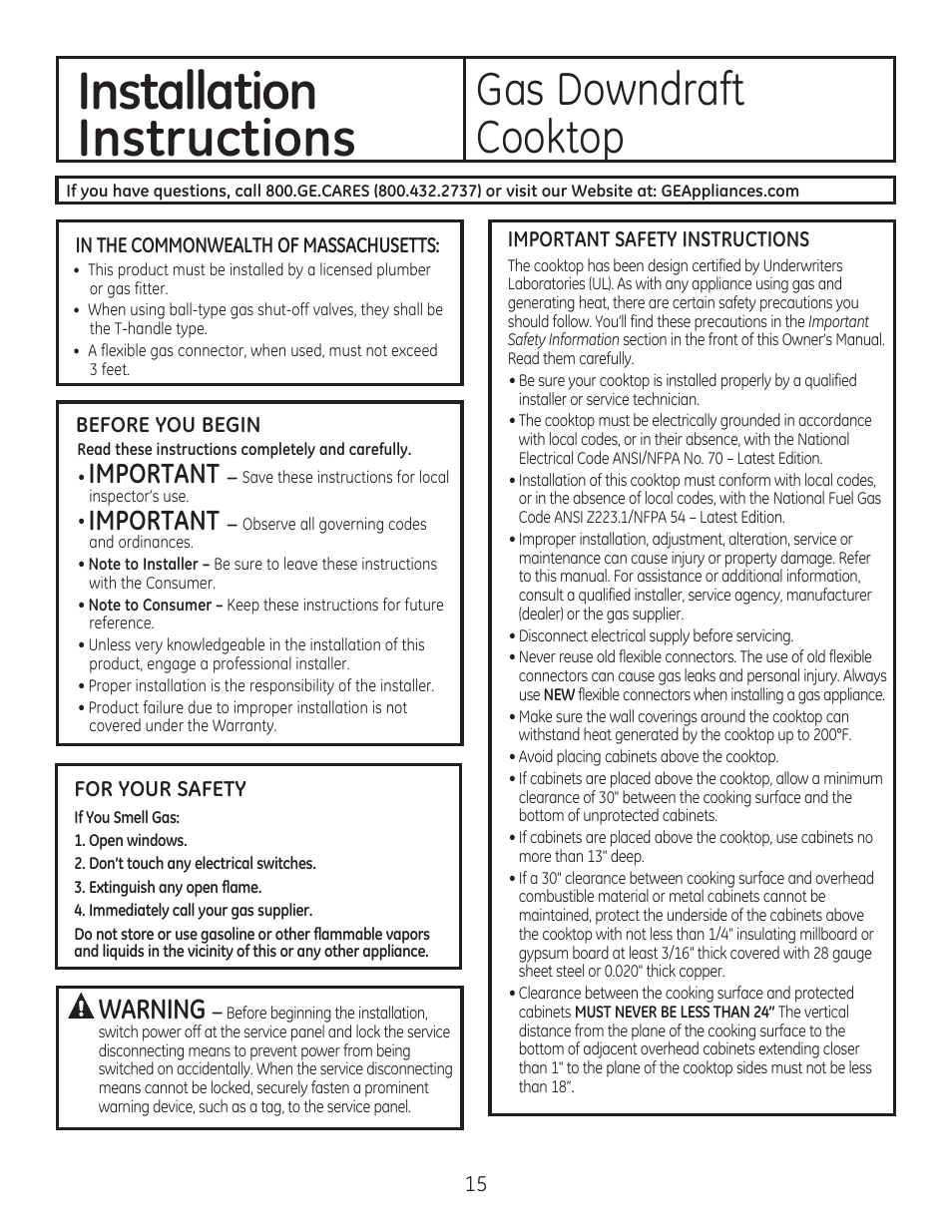 Installation, Instructions, Gas downdraft | Cooktop, Important, Warning | GE PGP989SNSS User Manual | Page 15 / 72