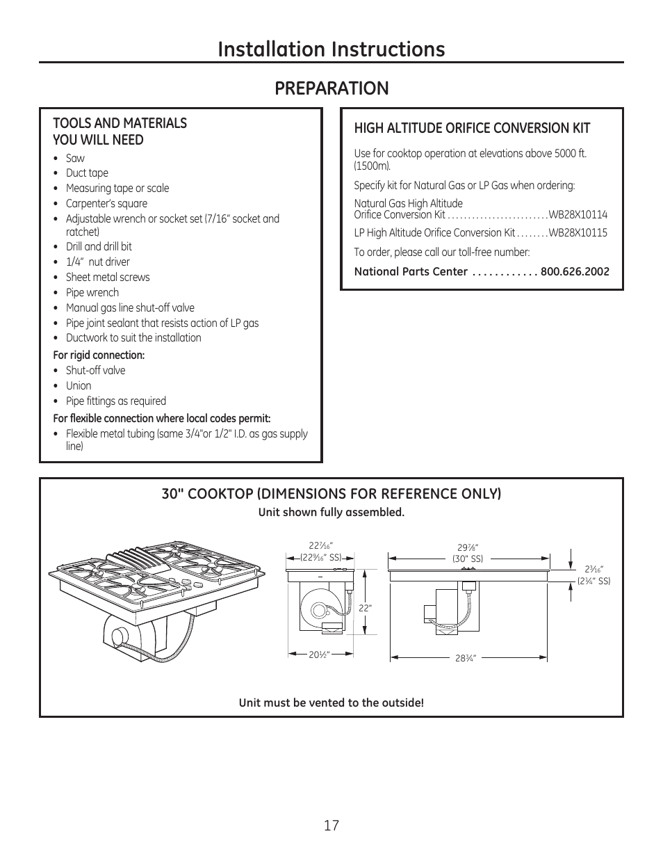 Installation instructions, Preparation, 17 tools and materials you will need | 30" cooktop (dimensions for reference only), High altitude orifice conversion kit | GE PGP989SNSS User Manual | Page 17 / 72