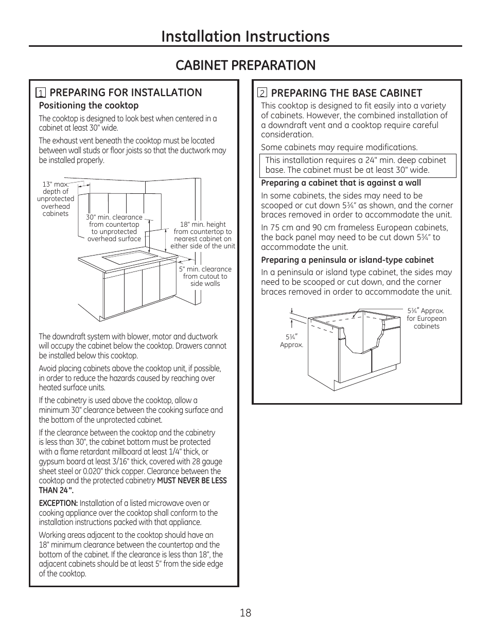 Installation instructions, Cabinet preparation, Preparing for installation | Preparing the base cabinet | GE PGP989SNSS User Manual | Page 18 / 72