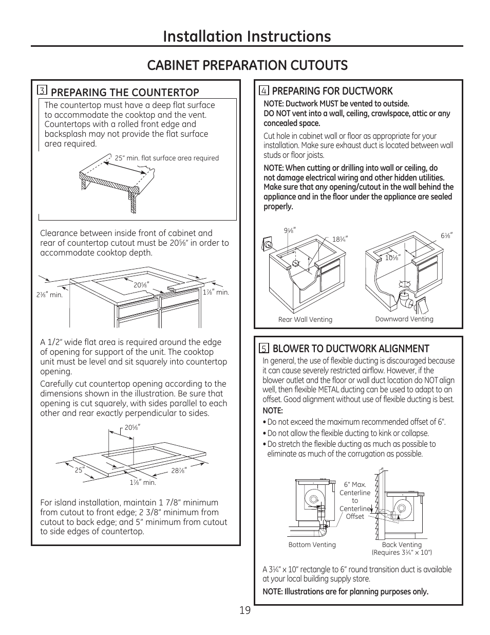 Installation instructions, Cabinet preparation cutouts, Preparing the countertop | Preparing for ductwork, Blower to ductwork alignment | GE PGP989SNSS User Manual | Page 19 / 72
