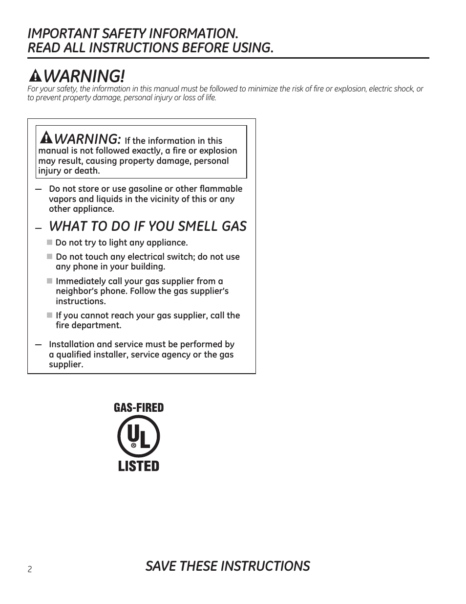 Save these instructions, What to do if you smell gas, Warning | GE PGP989SNSS User Manual | Page 2 / 72