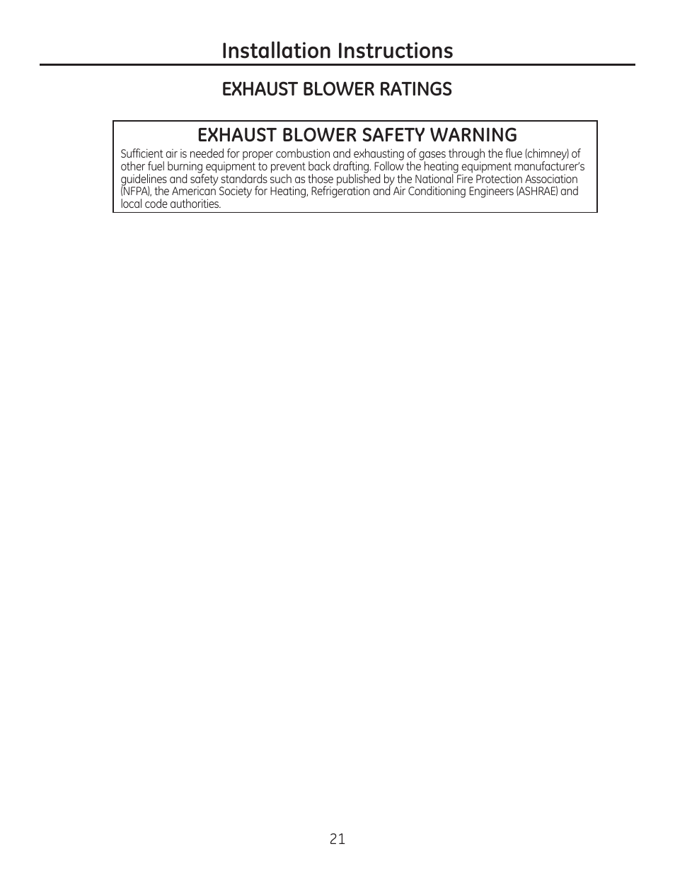 Installation instructions, Exhaust blower safety warning, Exhaust blower ratings | GE PGP989SNSS User Manual | Page 21 / 72