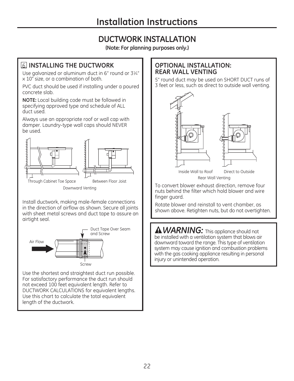 Installation instructions, Warning, Ductwork installation | GE PGP989SNSS User Manual | Page 22 / 72