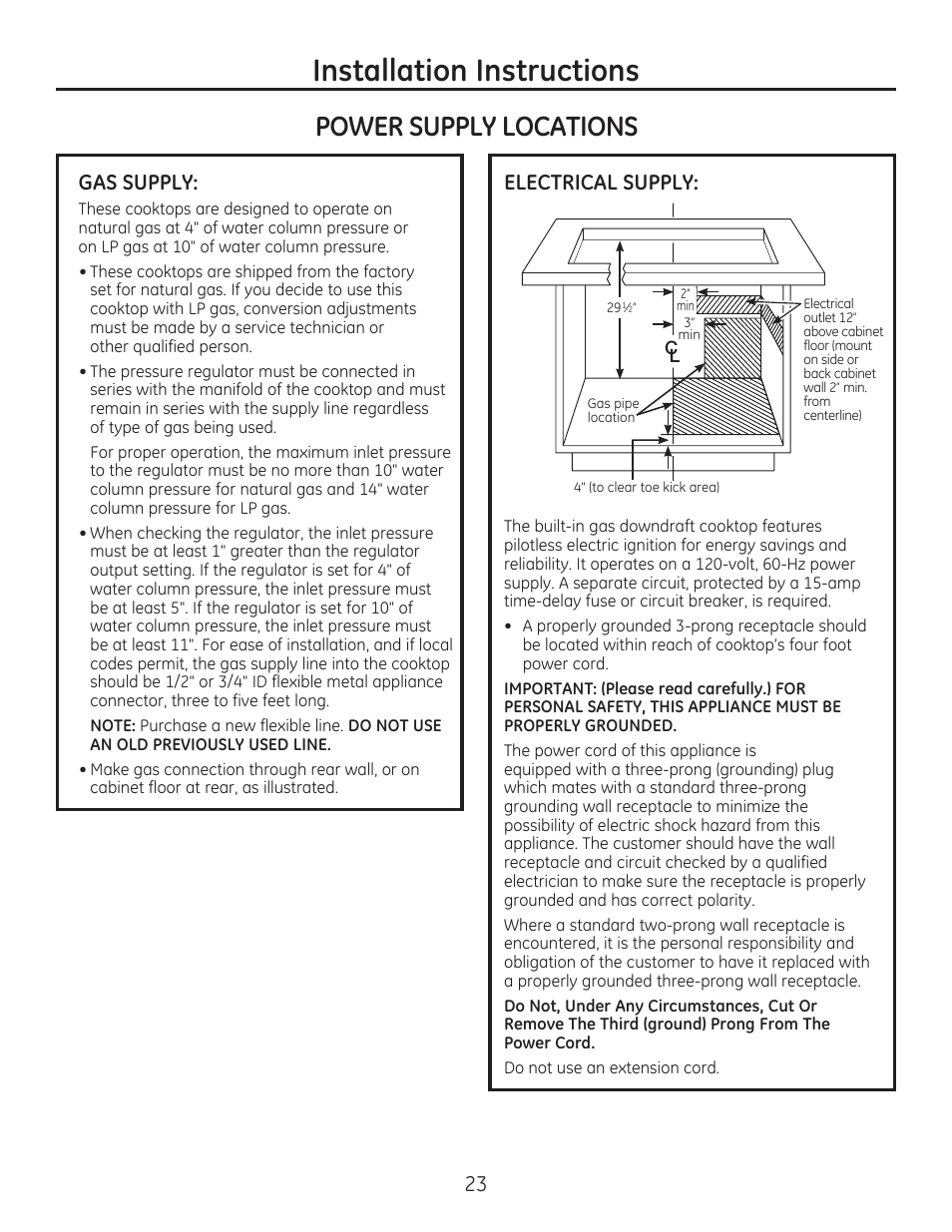 Installation instructions, Power supply locations, Electrical supply | Gas supply | GE PGP989SNSS User Manual | Page 23 / 72