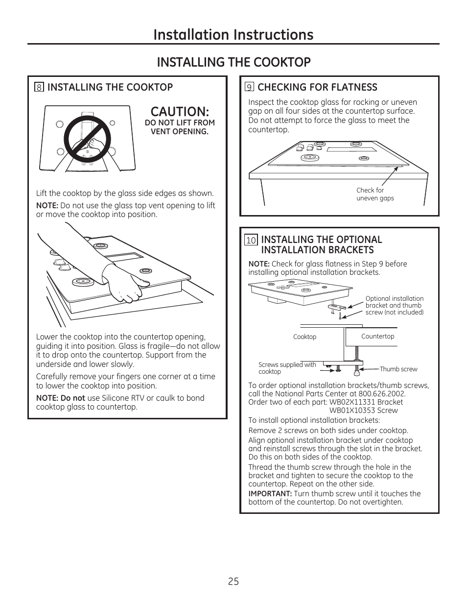 Installation instructions, Installing the cooktop, Caution | GE PGP989SNSS User Manual | Page 25 / 72