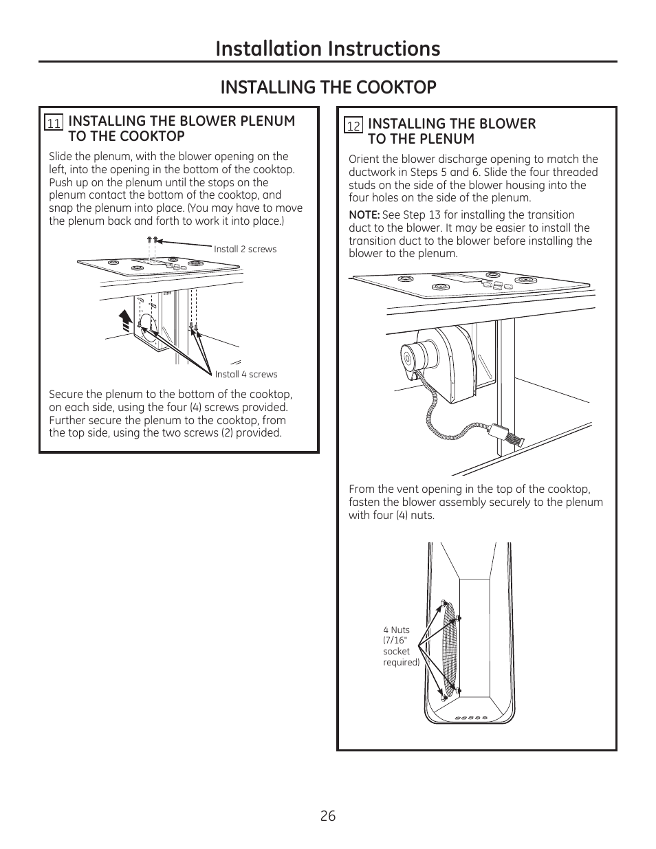 Installation instructions, Installing the cooktop | GE PGP989SNSS User Manual | Page 26 / 72