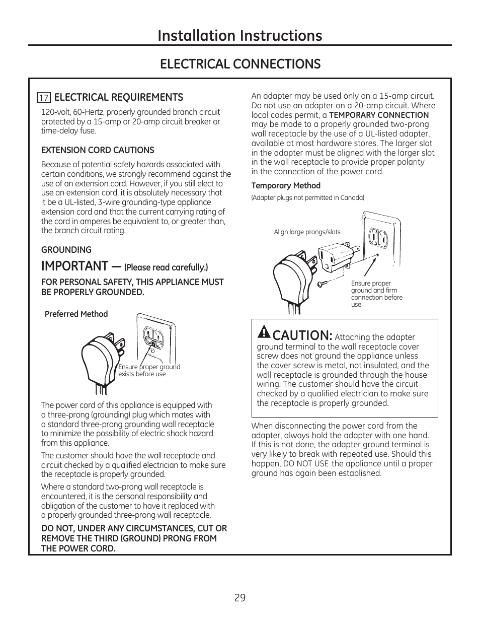 Installation instructions, Electrical connections, Important | Caution | GE PGP989SNSS User Manual | Page 29 / 72