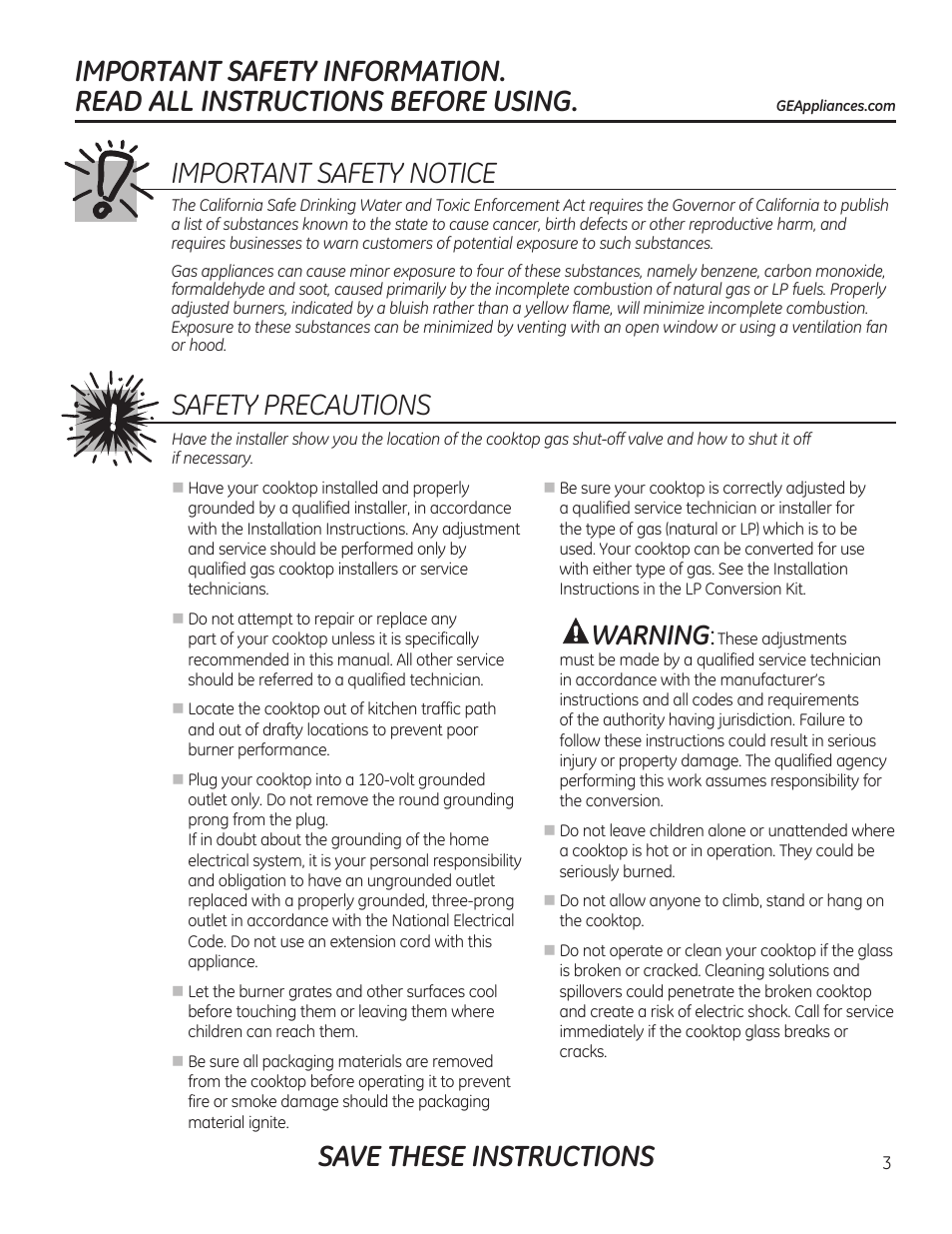 Important safety notice, Safety precautions, Warning | GE PGP989SNSS User Manual | Page 3 / 72