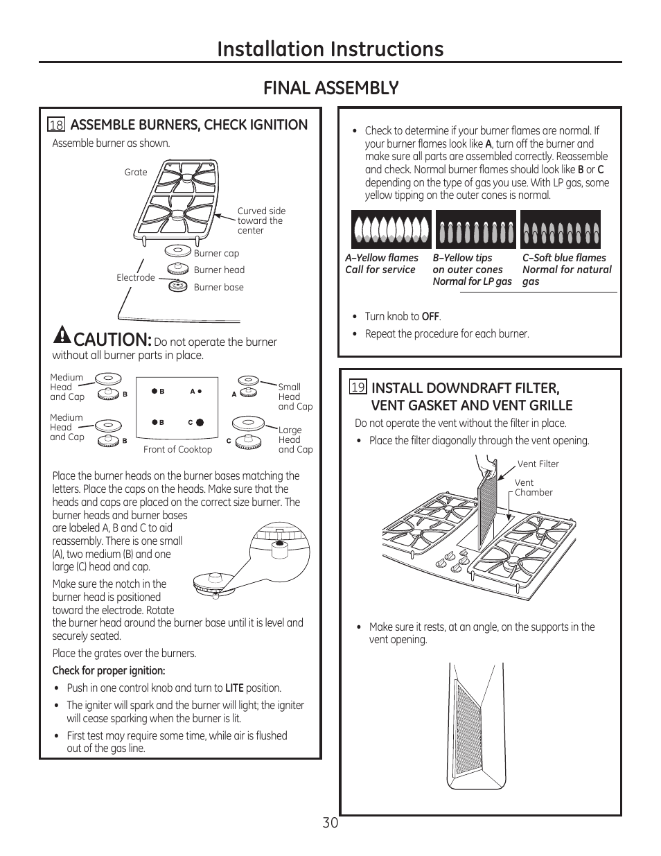 Installation instructions, Caution, Final assembly | Assemble burners, check ignition | GE PGP989SNSS User Manual | Page 30 / 72