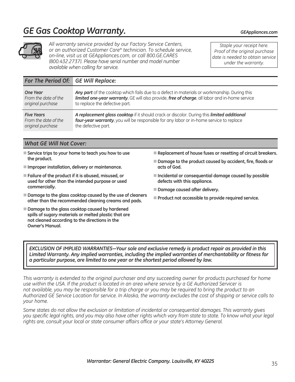 Ge gas cooktop warranty | GE PGP989SNSS User Manual | Page 35 / 72