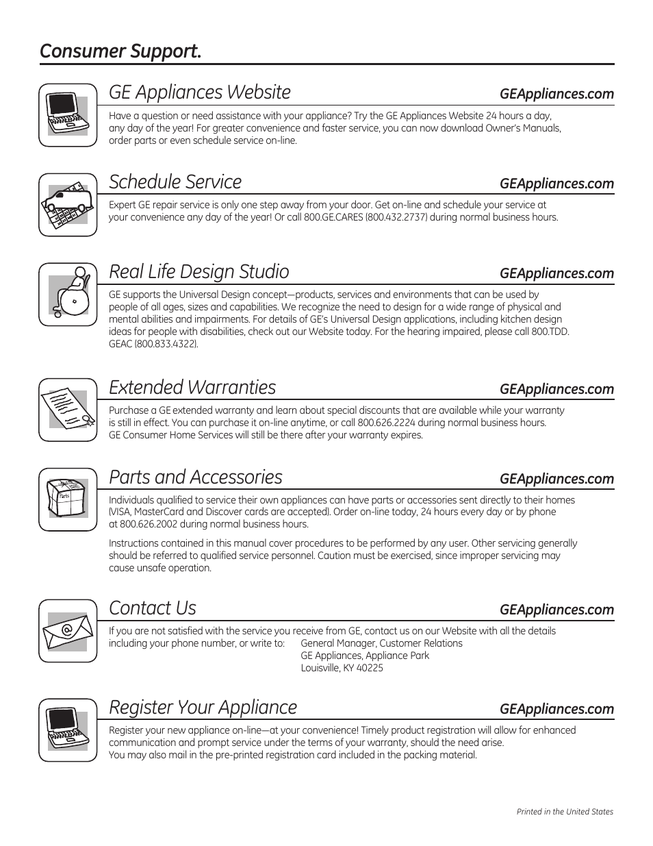 Consumer support. ge appliances website, Schedule service, Real life design studio | Extended warranties, Parts and accessories, Contact us, Register your appliance | GE PGP989SNSS User Manual | Page 36 / 72