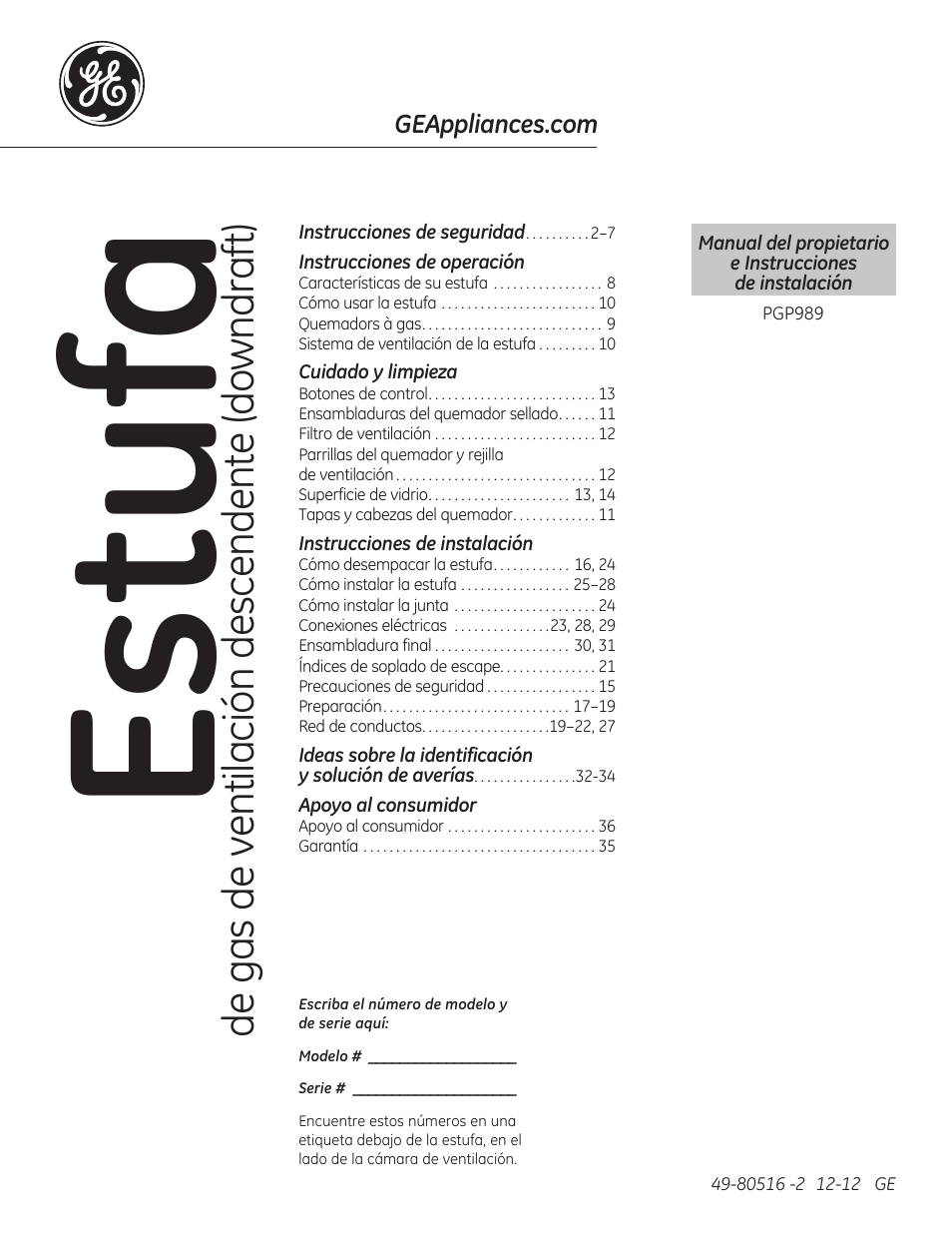 80516-2_sp_lores, Estufa, De gas de ventilación descendente (downdraft) | GE PGP989SNSS User Manual | Page 37 / 72