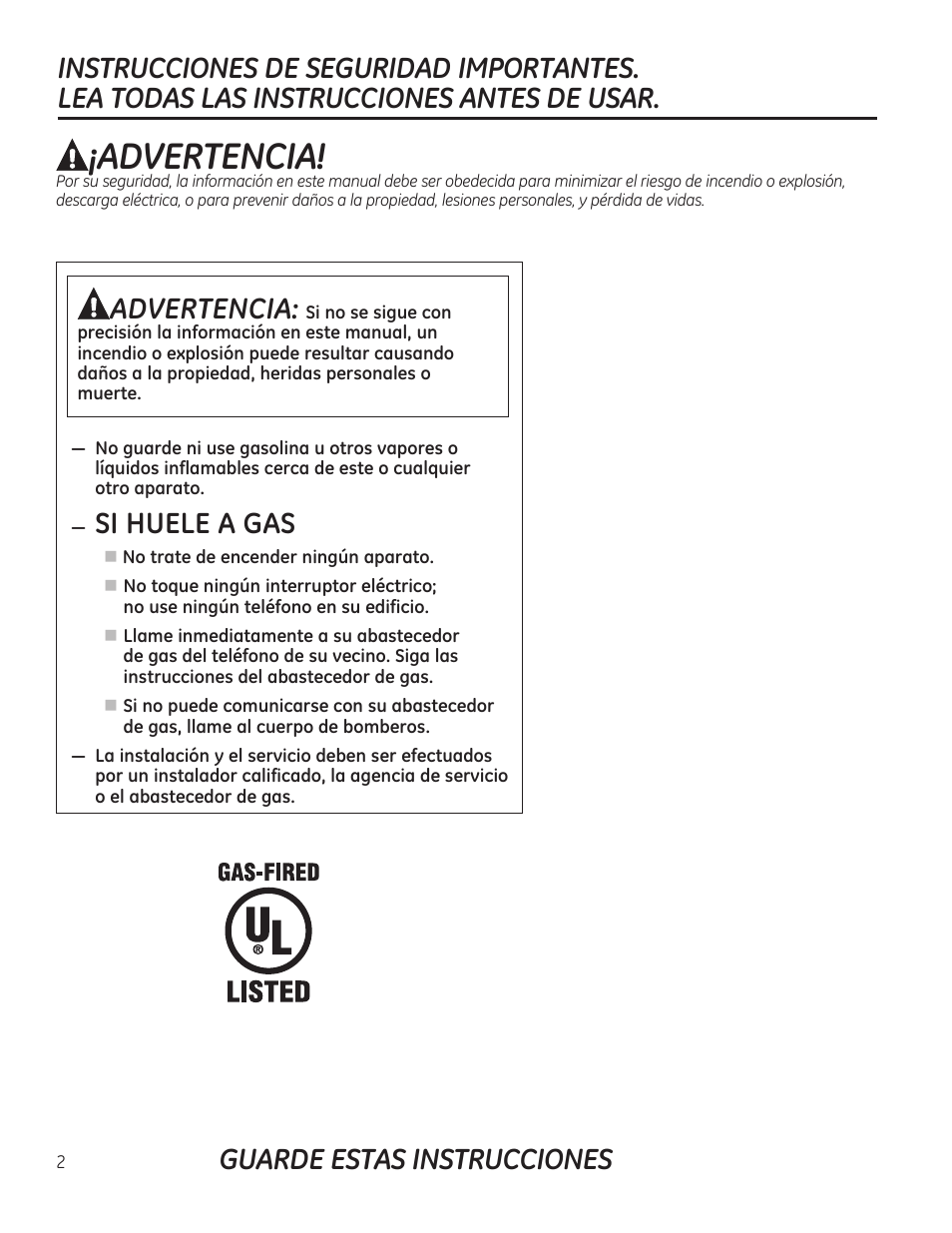 Advertencia, Guarde estas instrucciones, Si huele a gas | GE PGP989SNSS User Manual | Page 38 / 72