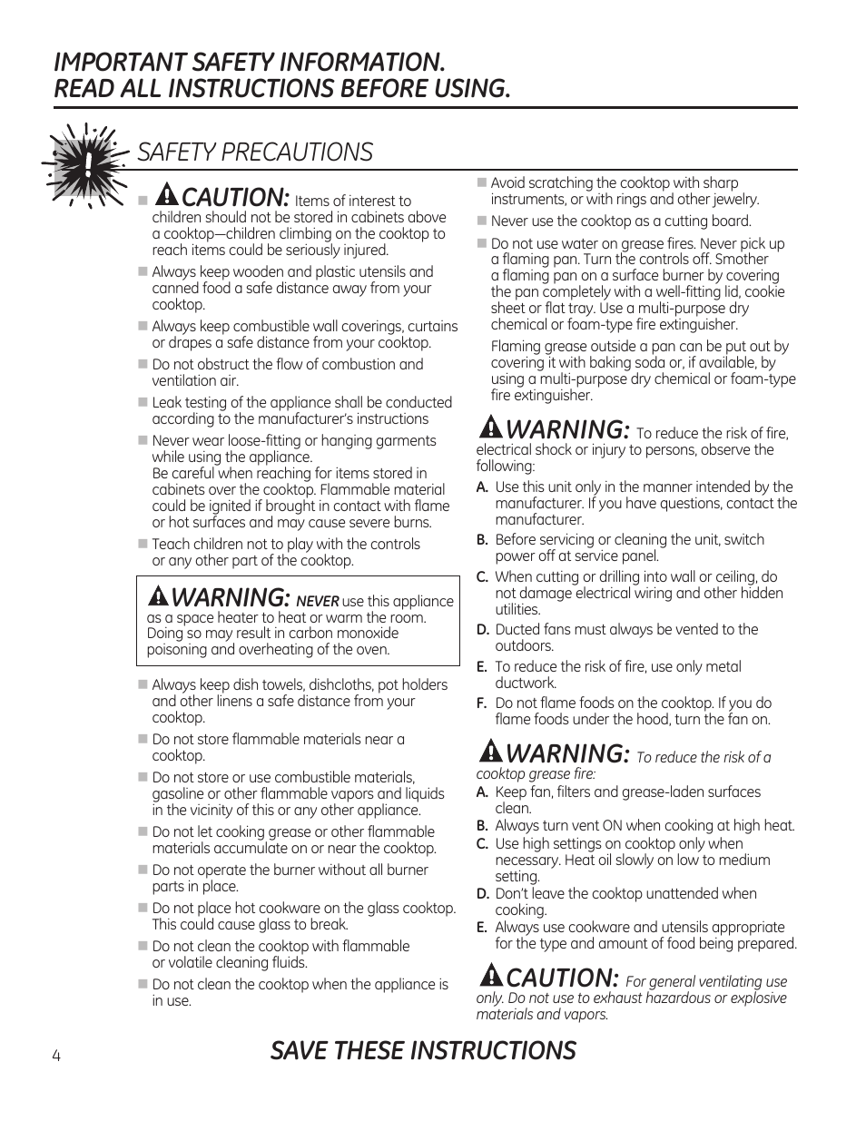 Save these instructions, Caution, Warning | Safety precautions warning | GE PGP989SNSS User Manual | Page 4 / 72