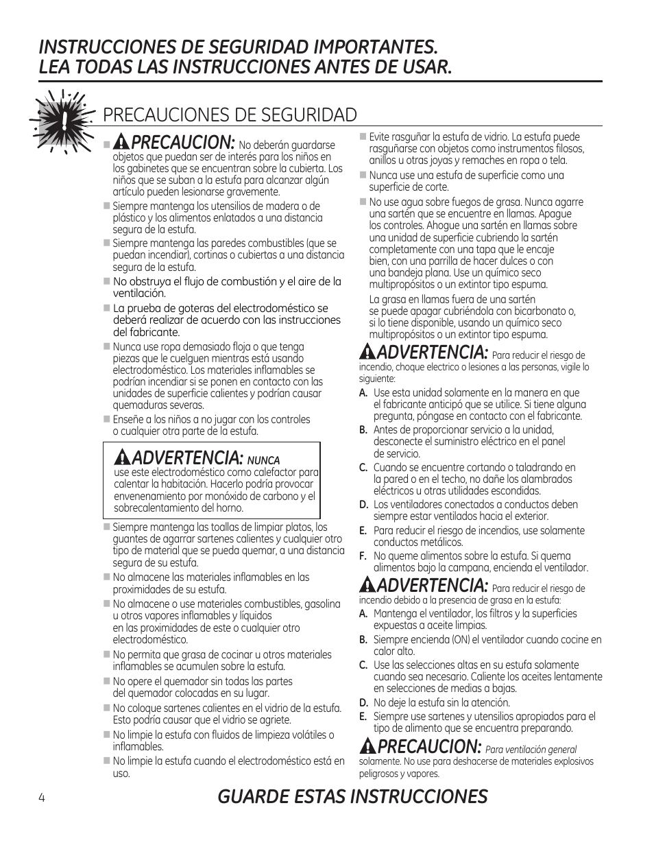 Precaucion, Advertencia, Guarde estas instrucciones | GE PGP989SNSS User Manual | Page 40 / 72