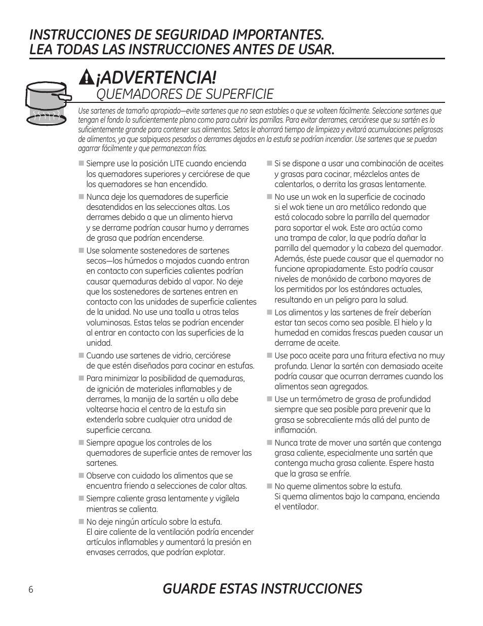 Advertencia | GE PGP989SNSS User Manual | Page 42 / 72