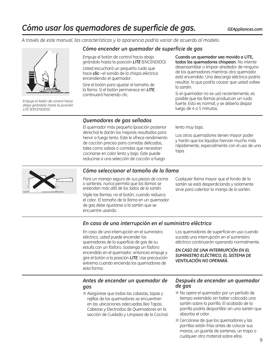 Cómo usar los quemadores de superficie de gas | GE PGP989SNSS User Manual | Page 45 / 72