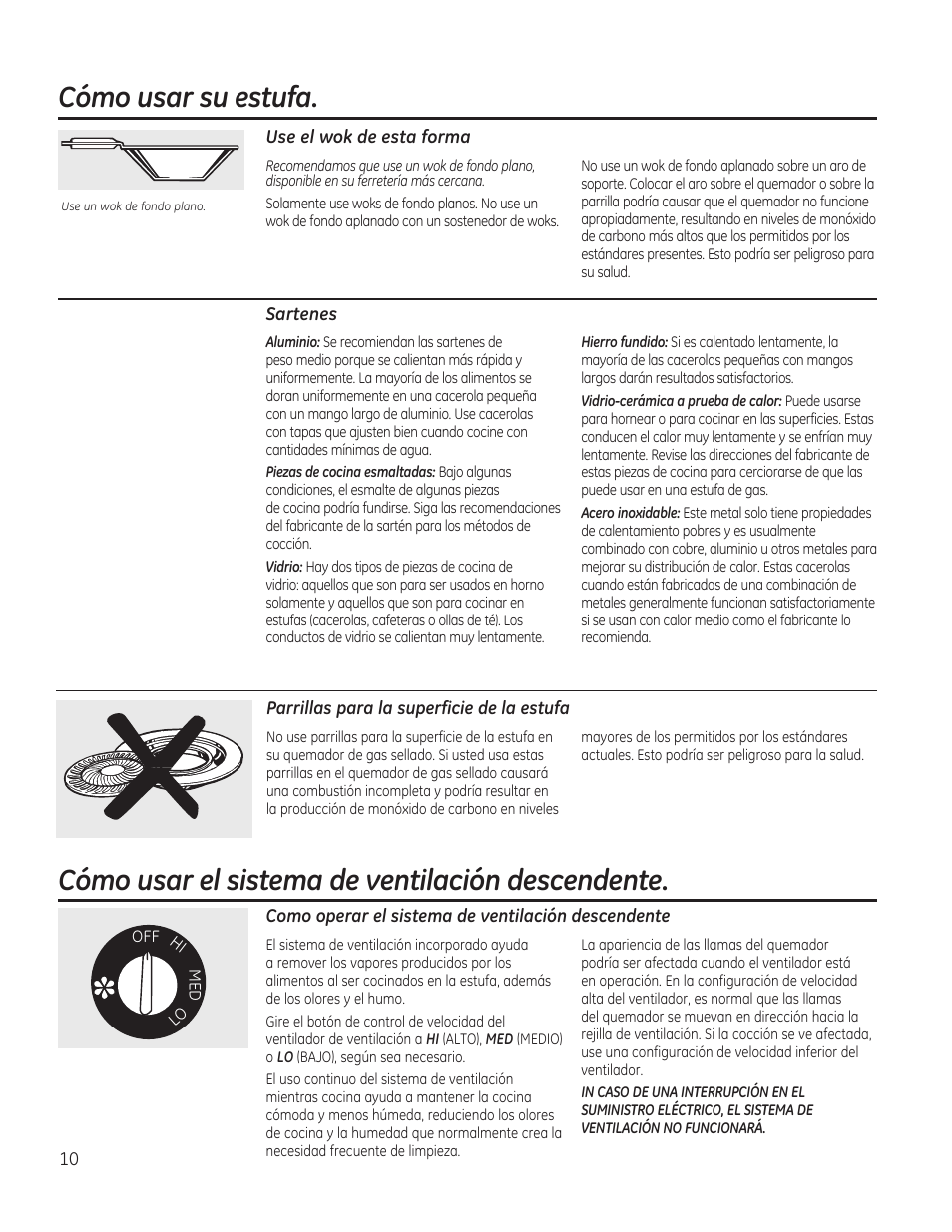 Cómo usar su estufa, Cómo usar el sistema de ventilación descendente | GE PGP989SNSS User Manual | Page 46 / 72