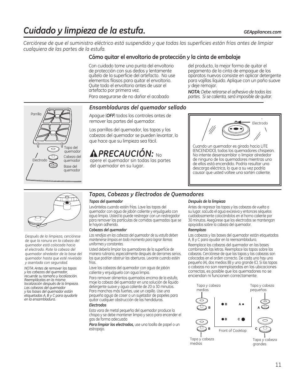Cuidado y limpieza de la estufa, Precaución, Ensambladuras del quemador sellado | Tapas, cabezas y electrodos de quemadores | GE PGP989SNSS User Manual | Page 47 / 72