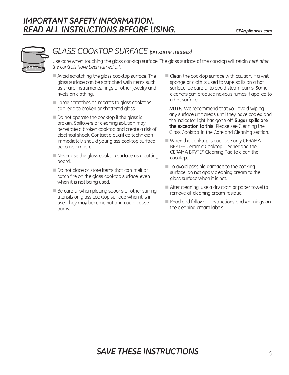 Glass cooktop surface | GE PGP989SNSS User Manual | Page 5 / 72