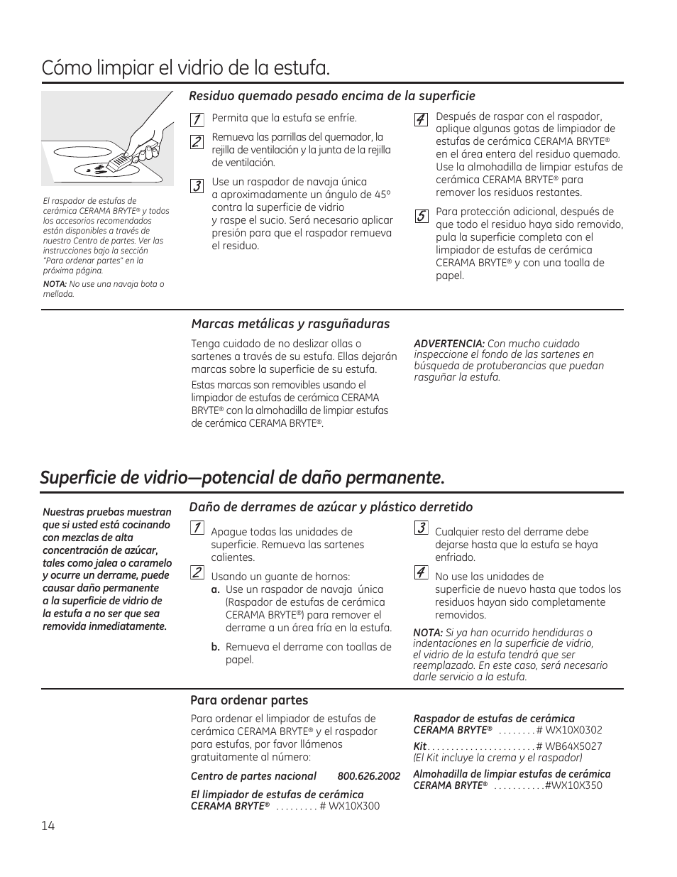 Cómo limpiar el vidrio de la estufa, Superficie de vidrio—potencial de daño permanente, Daño de derrames de azúcar y plástico derretido | Marcas metálicas y rasguñaduras, Para ordenar partes, Residuo quemado pesado encima de la superficie | GE PGP989SNSS User Manual | Page 50 / 72