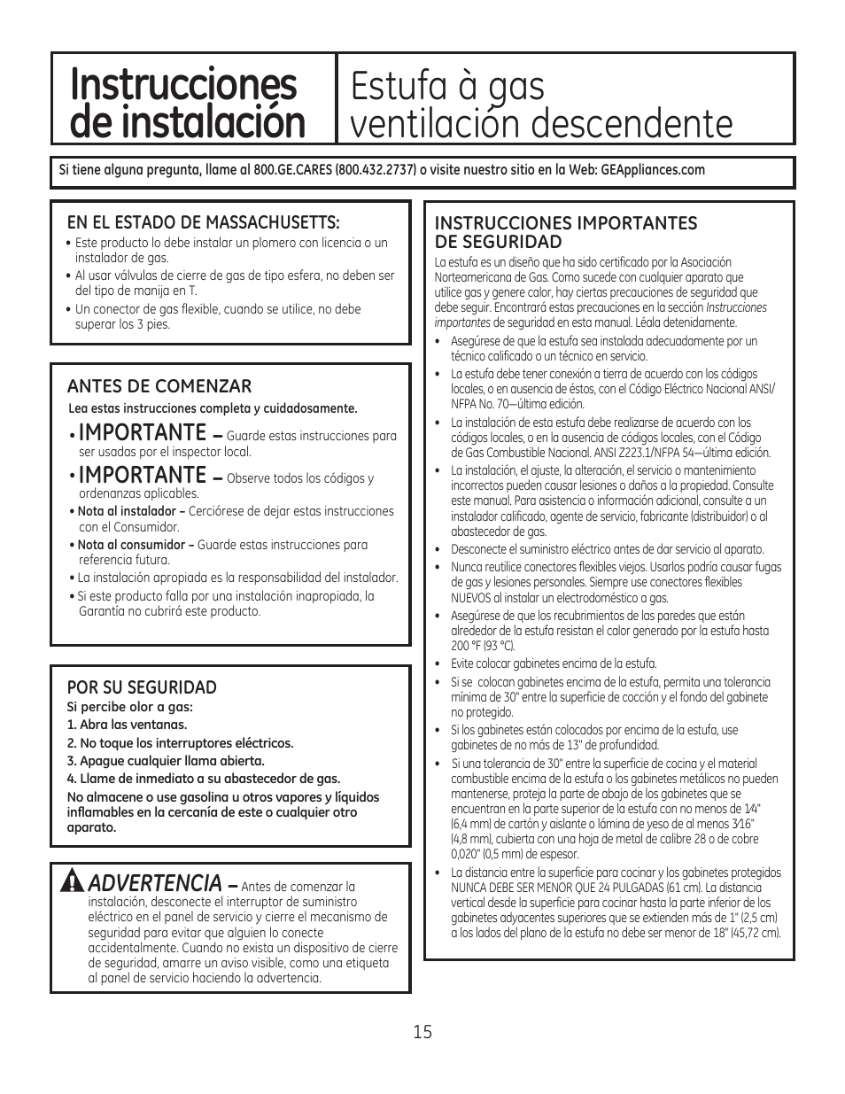 Instrucciones, De instalación, Estufa à gas | Ventilación descendente, Importante, Advertencia | GE PGP989SNSS User Manual | Page 51 / 72