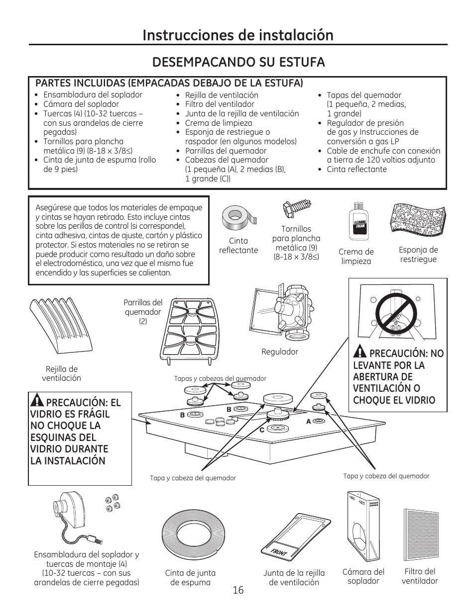 Instrucciones de instalación, Desempacando su estufa | GE PGP989SNSS User Manual | Page 52 / 72