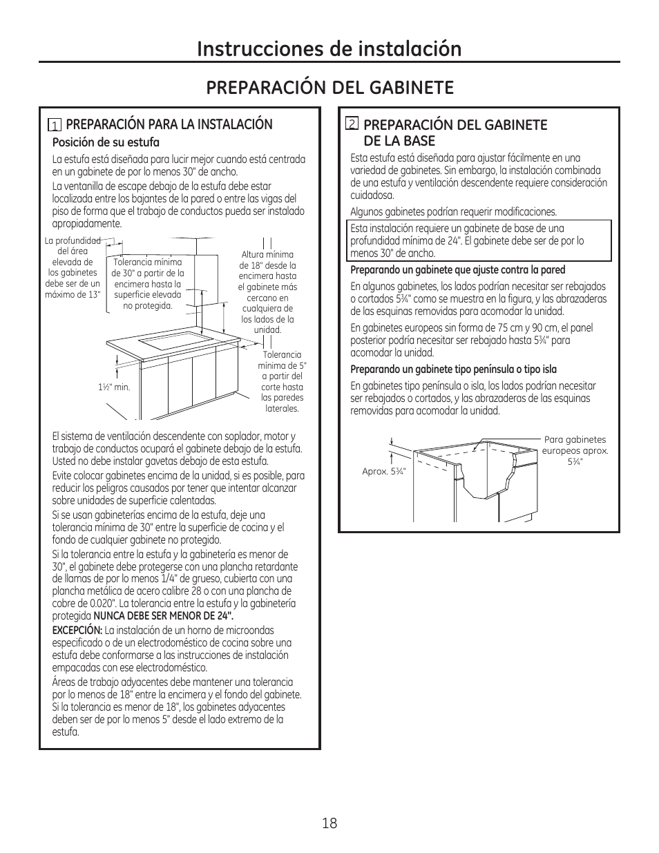 Instrucciones de instalación, Preparación del gabinete, Preparación para la instalación | Preparación del gabinete de la base | GE PGP989SNSS User Manual | Page 54 / 72
