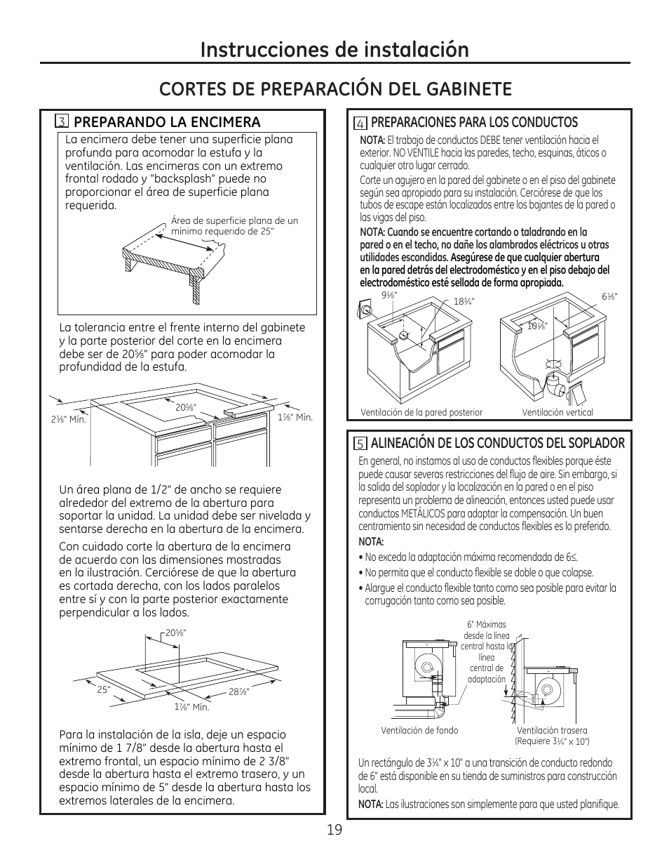 Instrucciones de instalación, Cortes de preparación del gabinete, Preparando la encimera | Preparaciones para los conductos, Alineación de los conductos del soplador | GE PGP989SNSS User Manual | Page 55 / 72