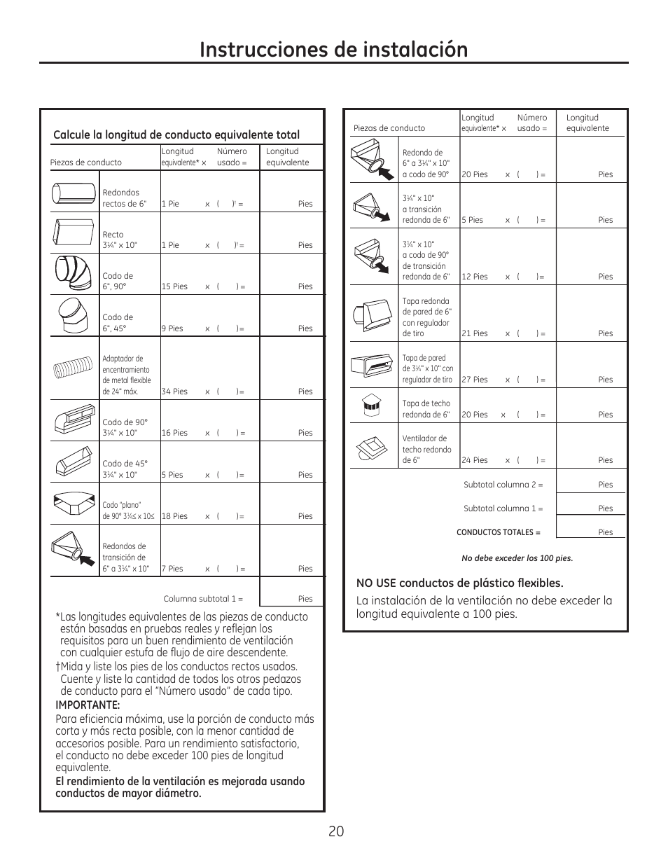 Instrucciones de instalación, Calcule la longitud de conducto equivalente total | GE PGP989SNSS User Manual | Page 56 / 72