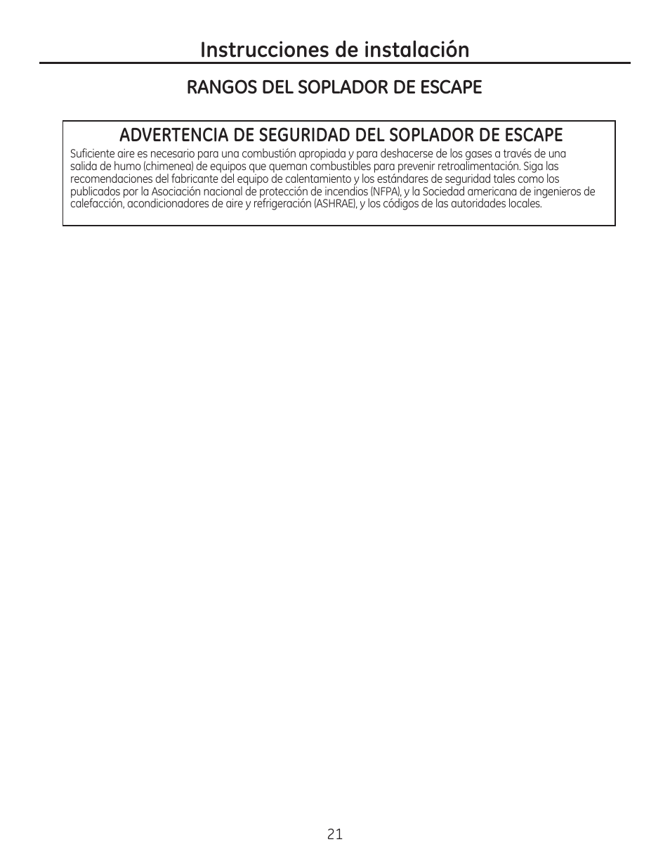 Instrucciones de instalación, Advertencia de seguridad del soplador de escape, Rangos del soplador de escape | GE PGP989SNSS User Manual | Page 57 / 72