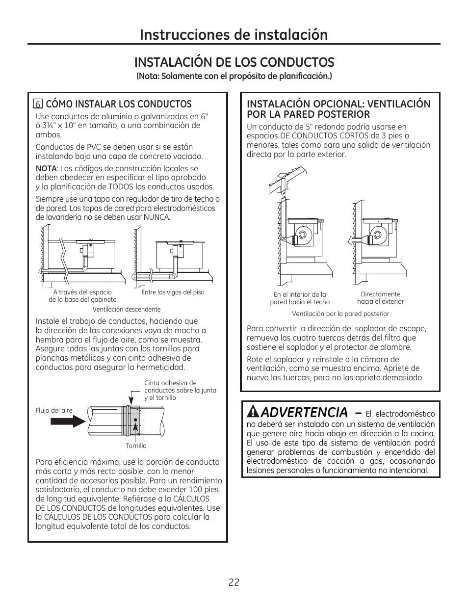 Instrucciones de instalación, Advertencia, Instalación de los conductos | Cómo instalar los conductos | GE PGP989SNSS User Manual | Page 58 / 72