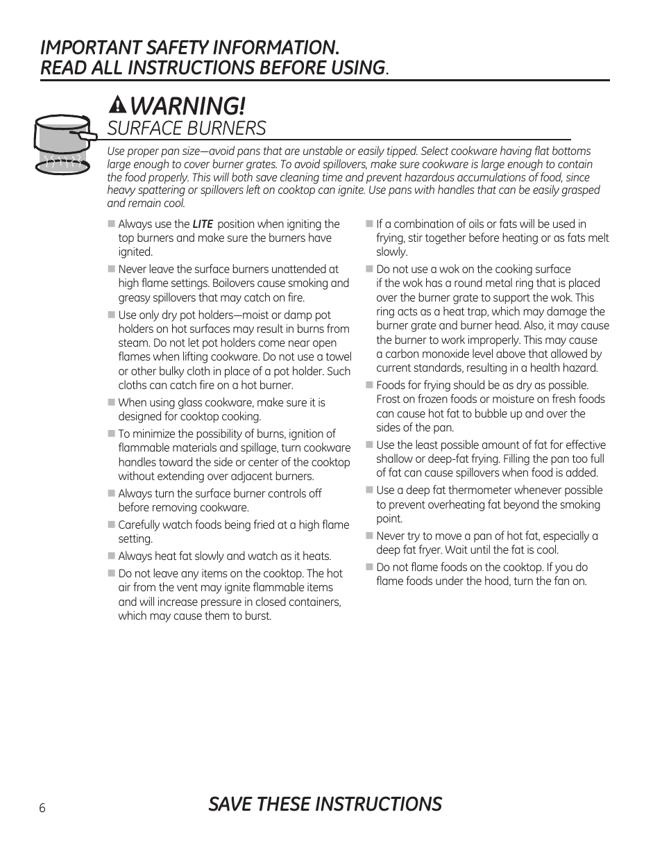 Warning, Save these instructions, Surface burners | GE PGP989SNSS User Manual | Page 6 / 72