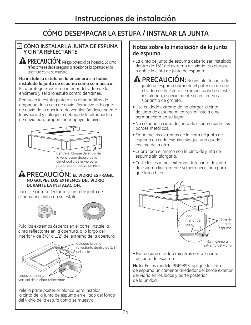 Instrucciones de instalación, Precaución, Cómo desempacar la estufa / instalar la junta | GE PGP989SNSS User Manual | Page 60 / 72