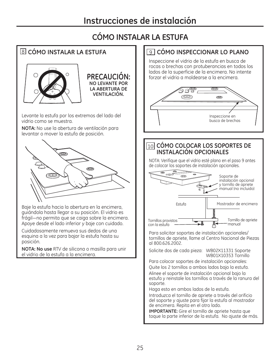 Instrucciones de instalación, Cómo instalar la estufa, Precaución | Cómo inspeccionar lo plano | GE PGP989SNSS User Manual | Page 61 / 72