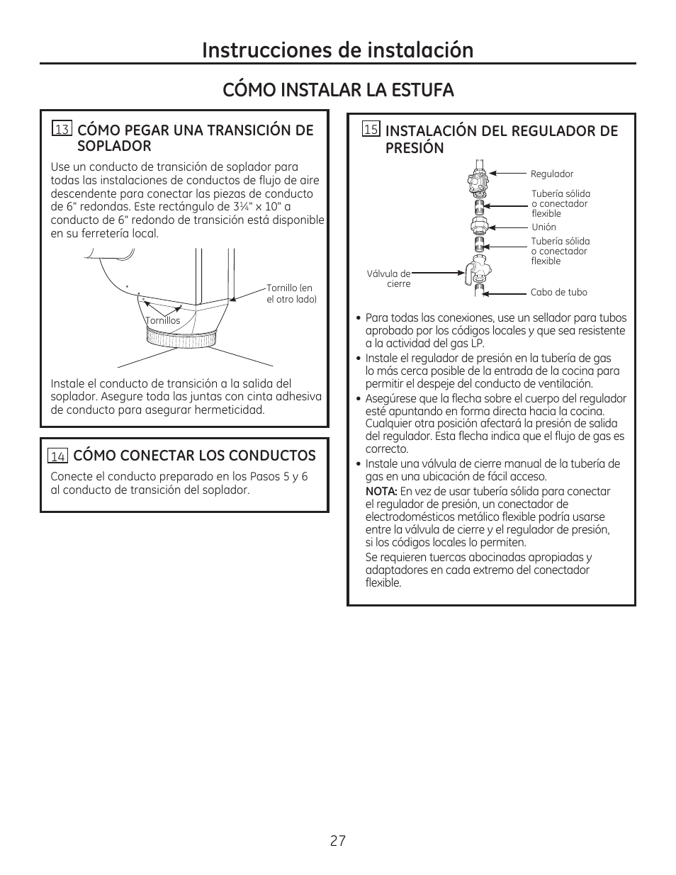 Instrucciones de instalación, Cómo instalar la estufa, Cómo pegar una transición de soplador | Cómo conectar los conductos, Instalación del regulador de presión | GE PGP989SNSS User Manual | Page 63 / 72