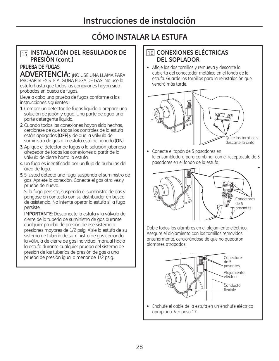 Instrucciones de instalación, Advertencia, Cómo instalar la estufa | GE PGP989SNSS User Manual | Page 64 / 72