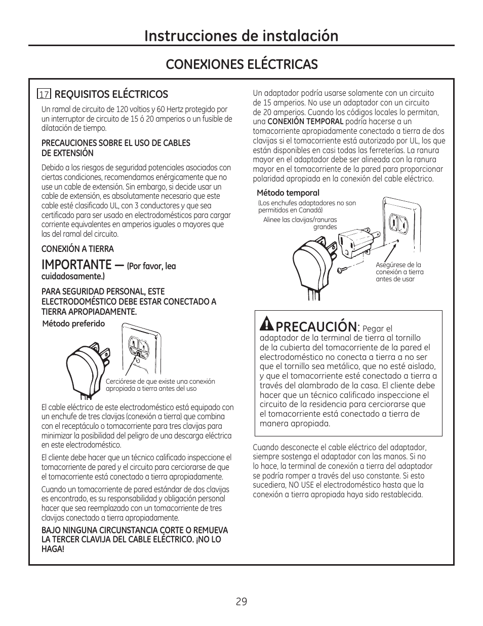 Instrucciones de instalación, Conexiones eléctricas, Importante | Precaución | GE PGP989SNSS User Manual | Page 65 / 72