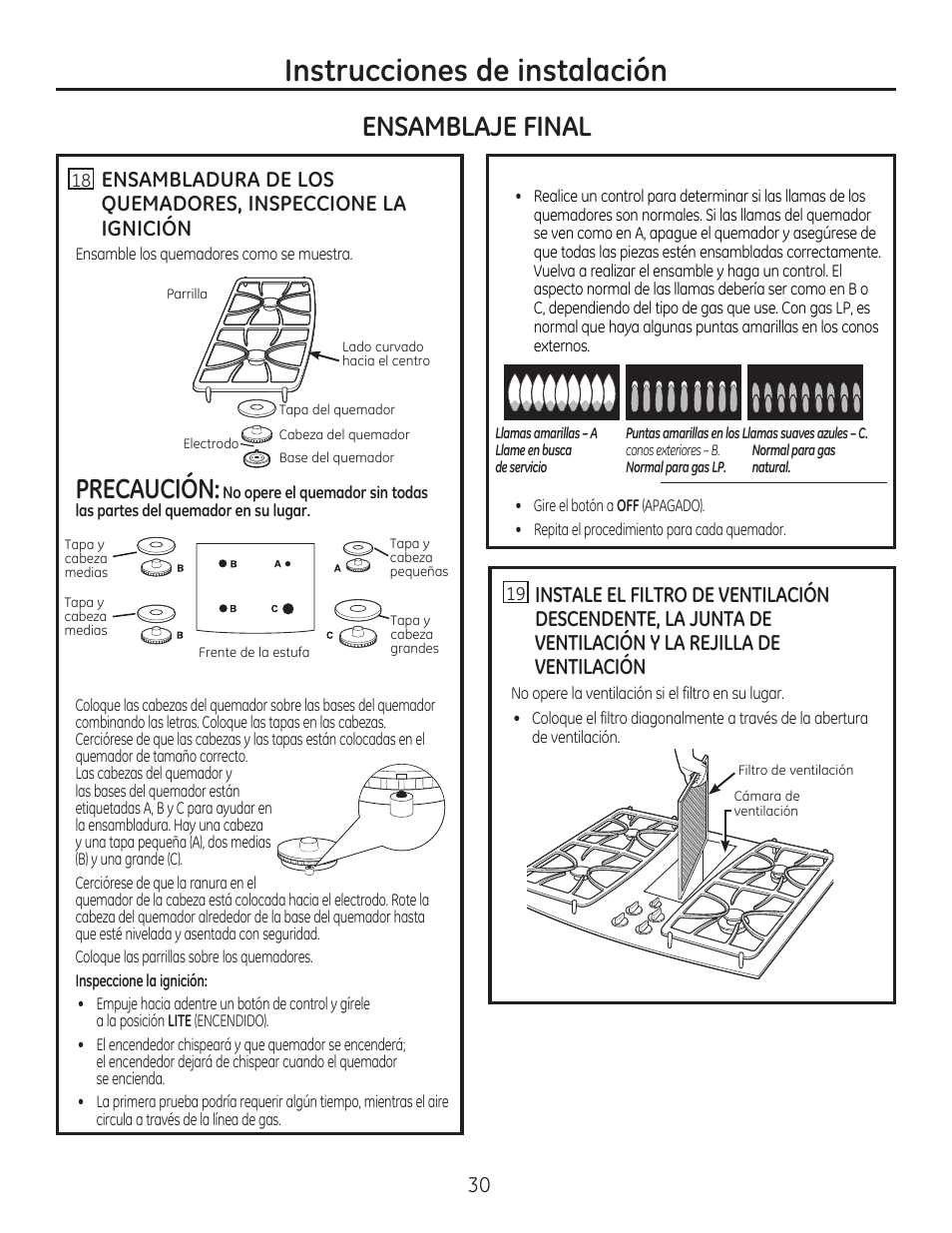 Instrucciones de instalación, Precaución, Ensamblaje final | GE PGP989SNSS User Manual | Page 66 / 72
