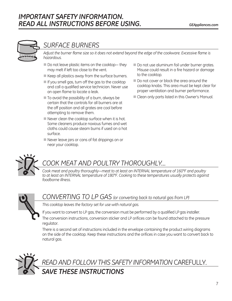 Converting to lp gas, Cook meat and poultry thoroughly, Surface burners | GE PGP989SNSS User Manual | Page 7 / 72