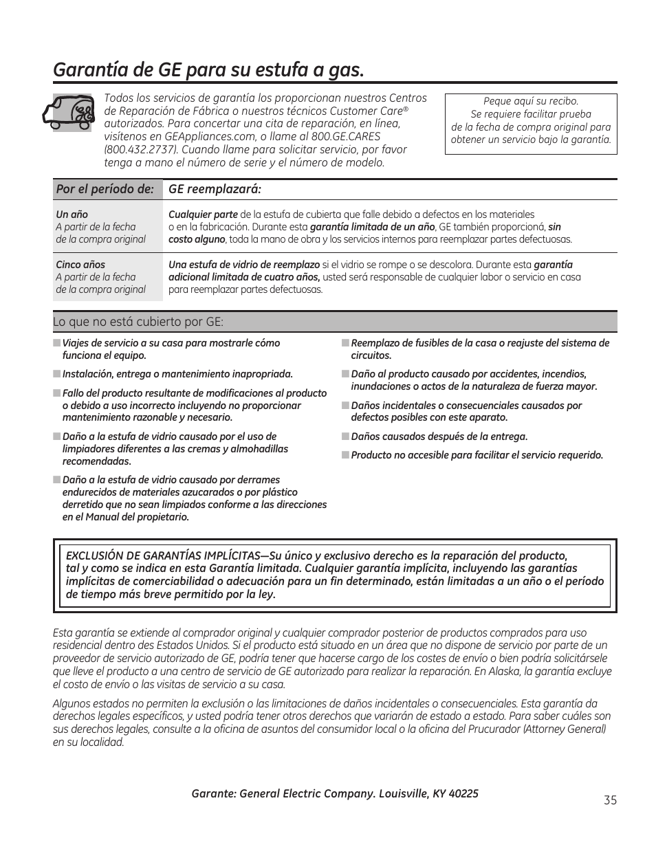 Garantía de ge para su estufa a gas | GE PGP989SNSS User Manual | Page 71 / 72