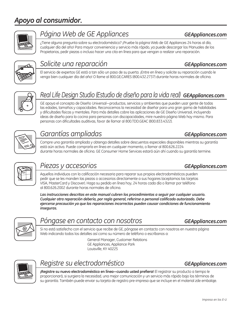 Apoyo al consumidor. página web de ge appliances, Solicite una reparación, Garantías ampliadas | Piezas y accesorios, Póngase en contacto con nosotros, Registre su electrodoméstico | GE PGP989SNSS User Manual | Page 72 / 72