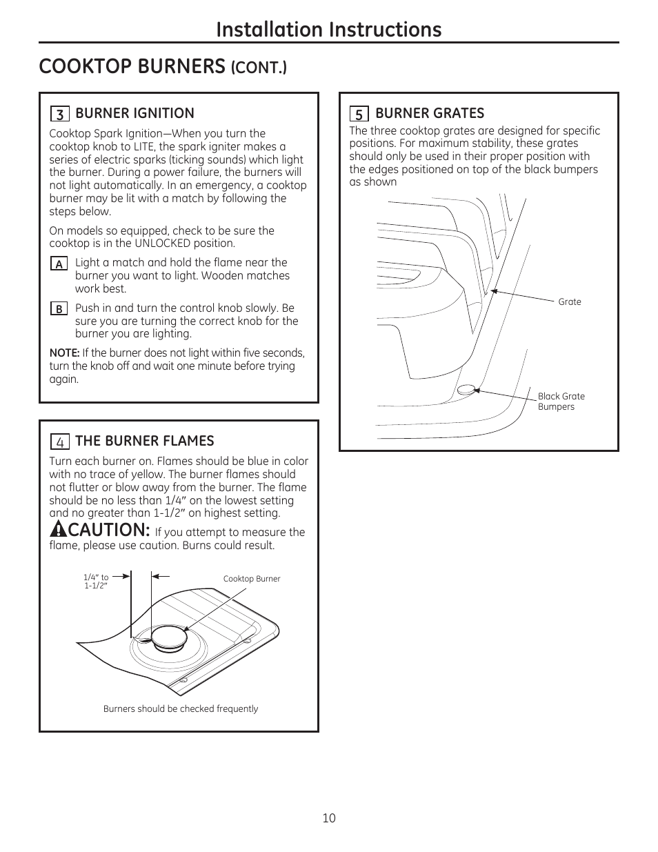 Cooktop burners (cont.), J£\ burner ignition, The burner flames | H burner grates, Installation instructions, Cooktop burners, Acaution, Cont.) | GE PGP959SETSS User Manual | Page 10 / 48