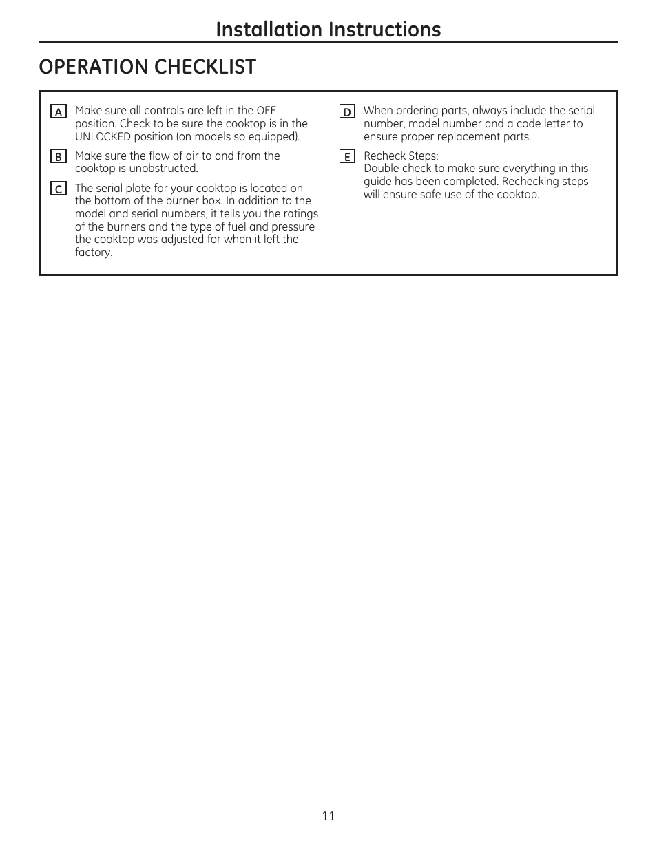 Operation checklist, Installation instructions | GE PGP959SETSS User Manual | Page 11 / 48