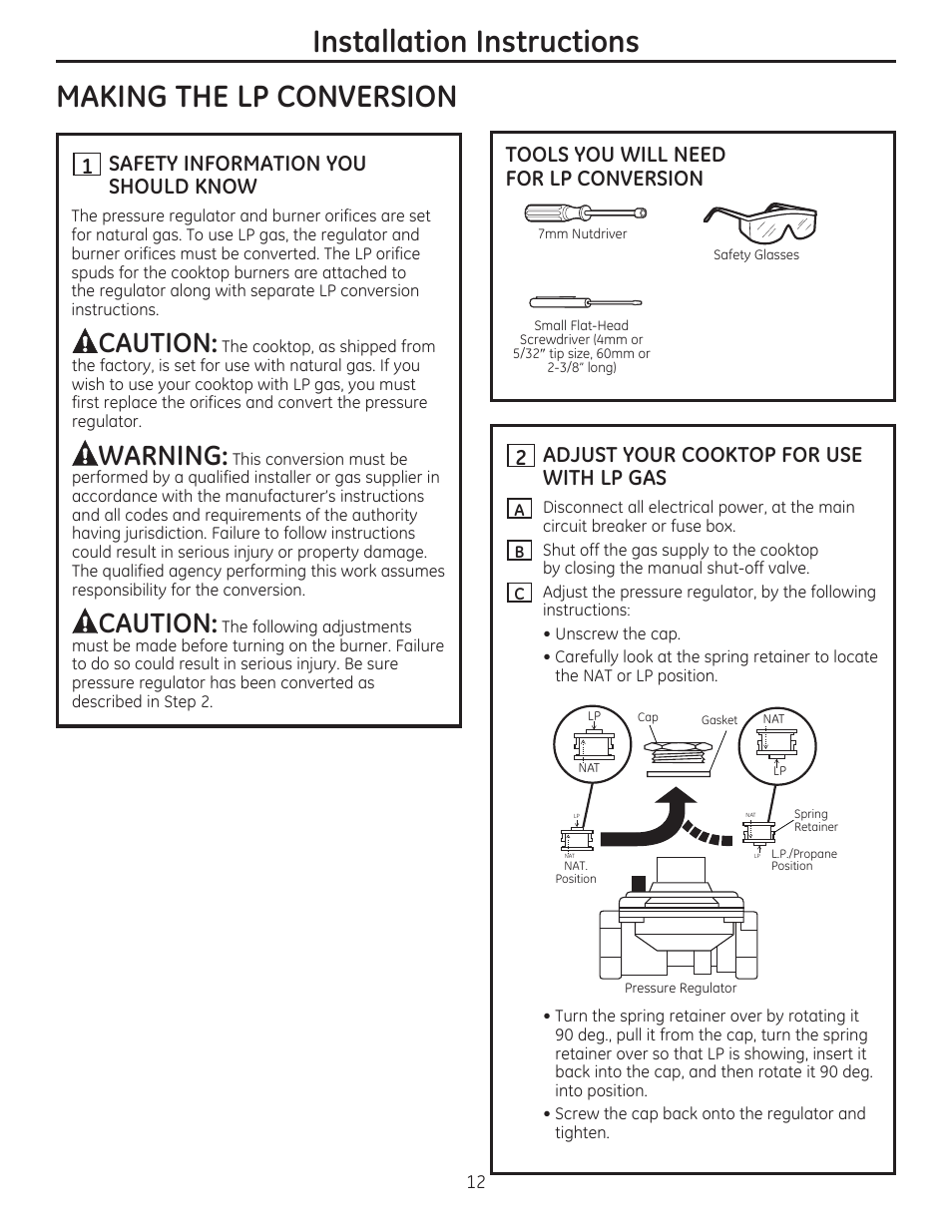 Making the lp conversion, It] safety information you should know, Tools you will need for lp conversion | It adjust your cooktop for use with lp gas, Installation instructions, Awarning, Acaution, Caution | GE PGP959SETSS User Manual | Page 12 / 48