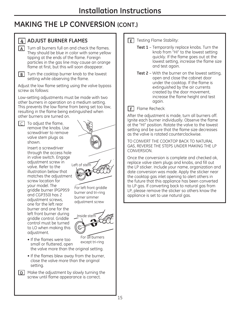 Making the lp conversion (cont.), Adjust burner flames, Installation instructions | Making the lp conversion, Cont.) | GE PGP959SETSS User Manual | Page 15 / 48